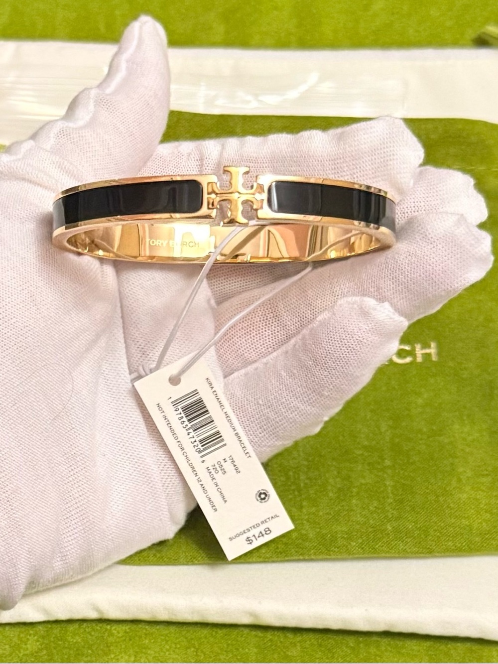 Tory Burch Gold and Black Logo Hinged Bangle